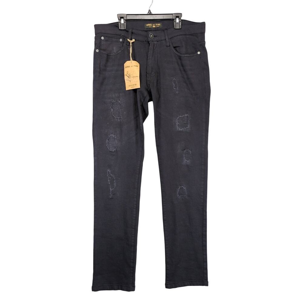 NWT Ring of Fire Men's 32x32 Slim Jeans, Black Flex‎ Stretch Distressed Denim